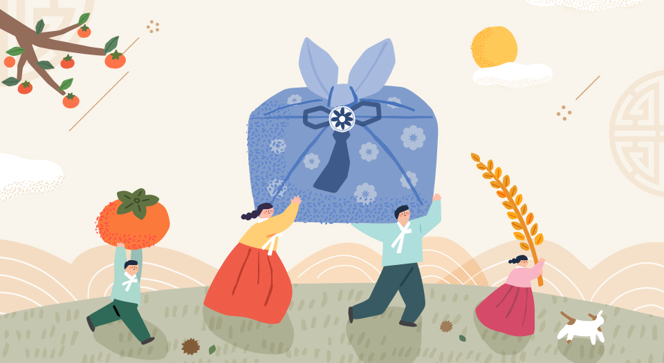 Chuseok illustration with people carrying harvest gifts